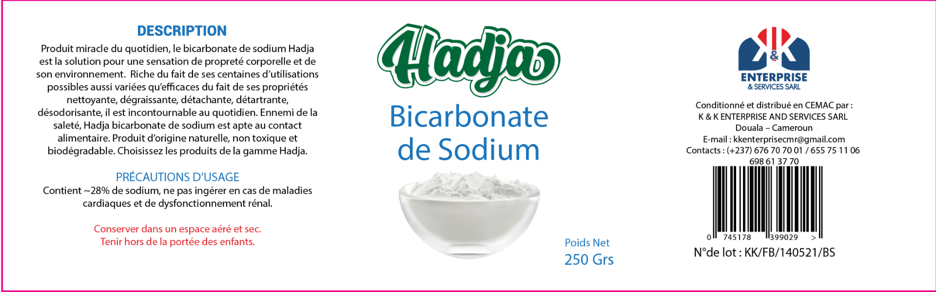 Étiquette recto du bicarbonate de sodium Hadja 250 g