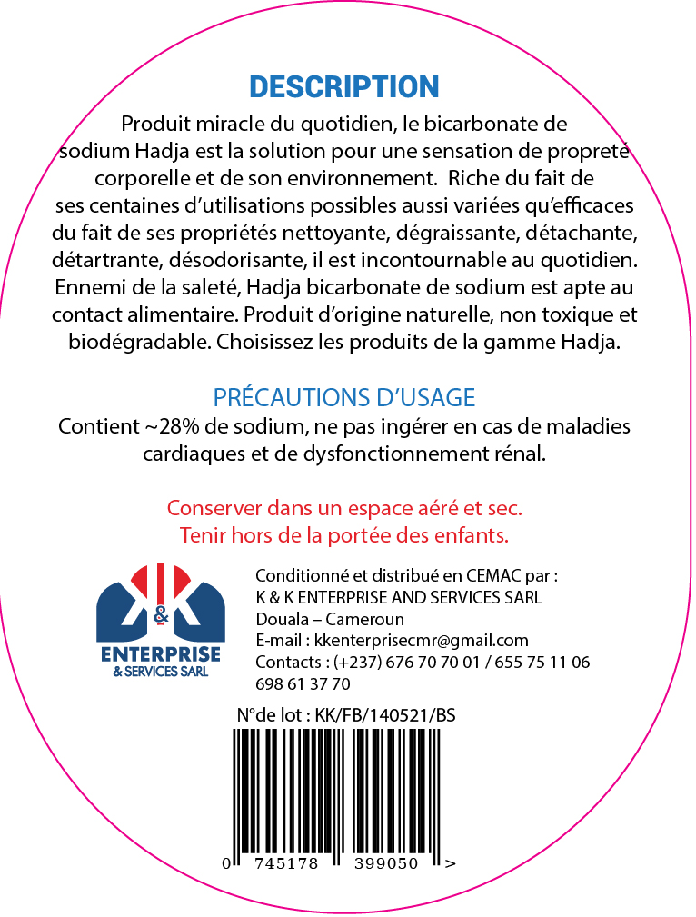 Étiquette verso du bicarbonate de sodium Hadja 500 g