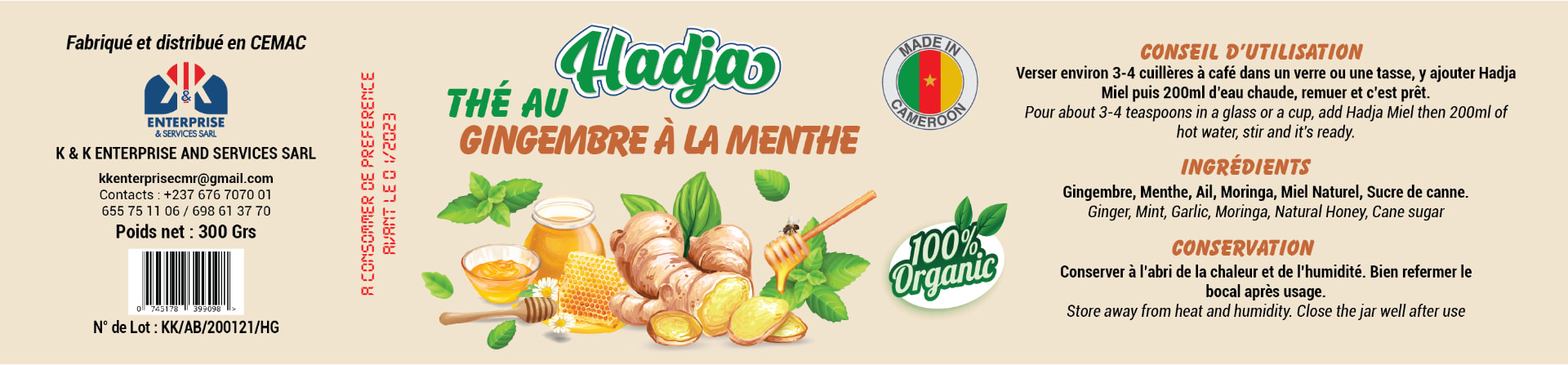 Étiquette Hadja thé au gingembre à la menthe