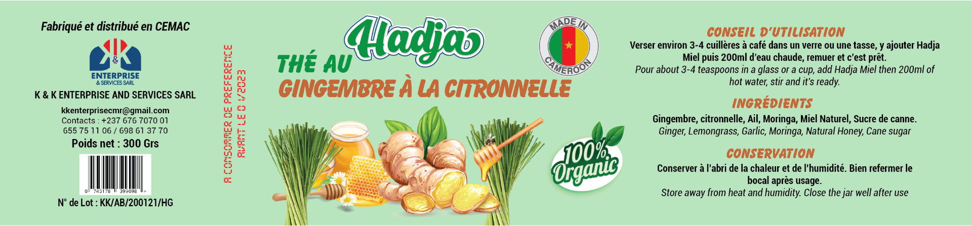 Étiquette Hadja thé au gingembre à la citronnelle