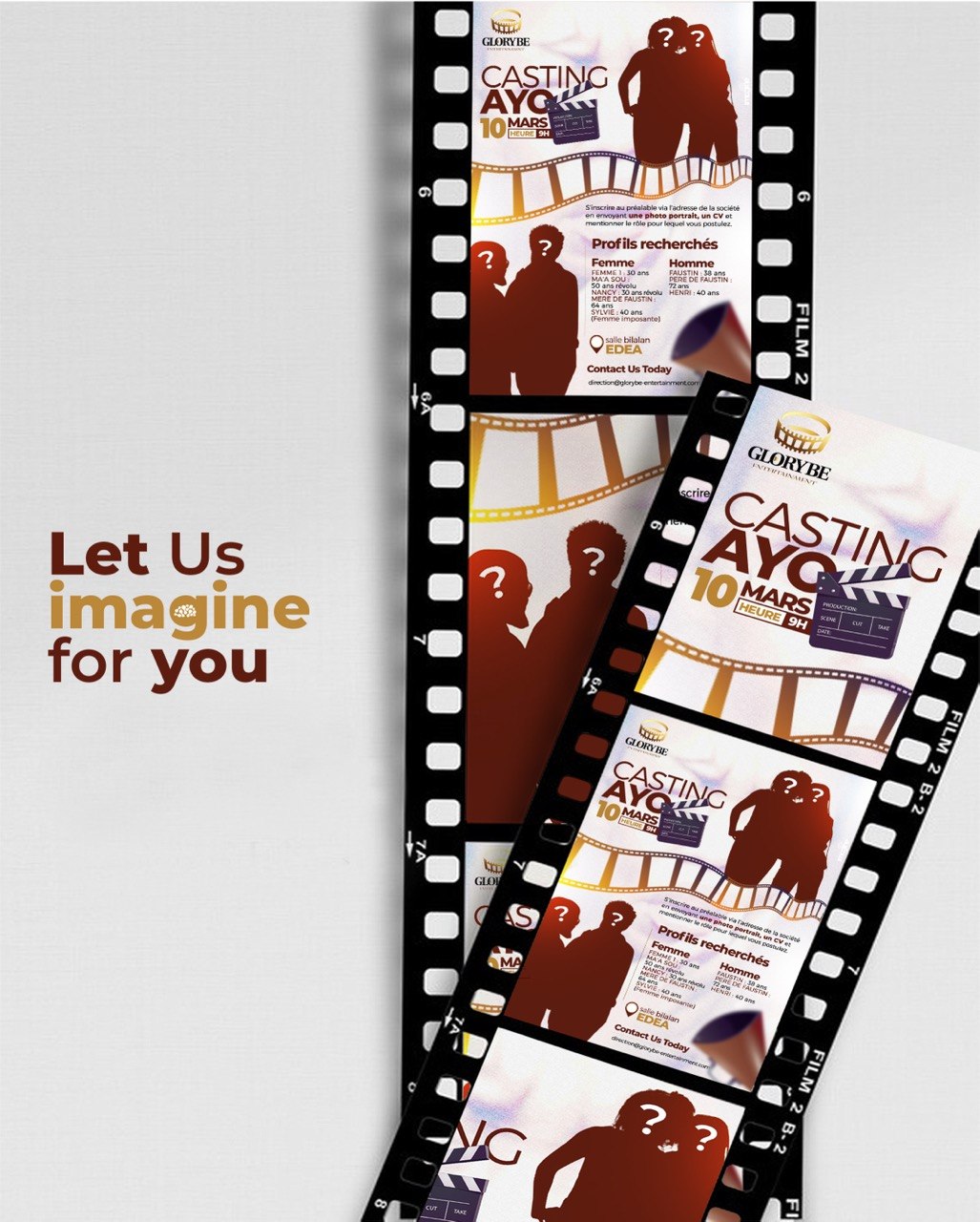 Mise en scène de l'affiche AYO sur une pellicule de film — Let us imagine for you